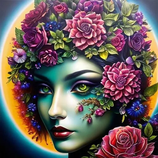 Prompt: Beautiful  hybrid woman with flowers sprouting from her, oil painting, detailed fiery eyes, ethereal glow, dark and mysterious, high quality, vibrant colors, surreal, haunting, intricate floral details, intense gaze, mystical atmosphere, oil painting, demon, hybrid, fiery eyes, ethereal, vibrant colors, surreal, haunting, floral details, intense gaze, mystical atmosphere