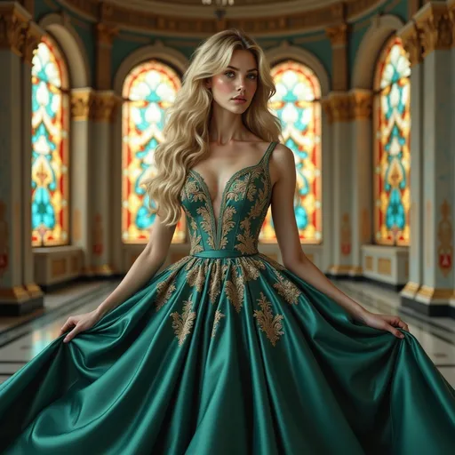 Prompt: In an elegant ballroom illuminated by colorful stained glass windows, a stunning model captivates attention while wearing a luxurious emerald green gown adorned with intricate gold embroidery. Her long, flowing hair cascades down her shoulders as she stands confidently, lightly gripping the voluminous fabric of her dress that flares out gracefully from her waist. The opulent surroundings, characterized by ornate architectural details and a polished marble floor, create a regal atmosphere. Soft, diffused light streams through the stained glass, casting vibrant reflections that enhance the rich colors of her attire, evoking a mood of timeless beauty and sophistication. This scene tells a story of glamour and elegance, inviting viewers into a world of high fashion.