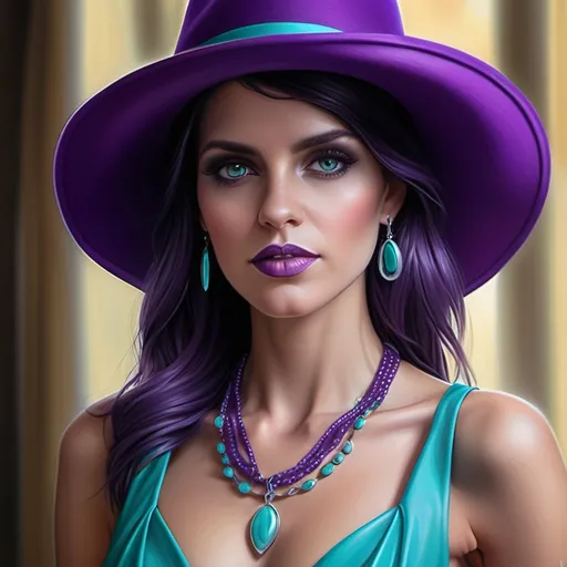 Prompt: <mymodel> a woman wearing a purple hat and a purple dress and  a turquoise necklace Anne Stokes, photorealism, highly detailed digital painting, a digital rendering