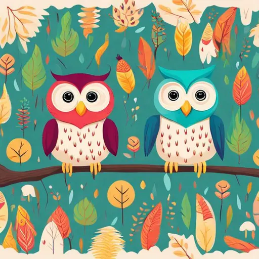 Prompt: Cartoon-style illustration of adorable owls, vibrant and colorful feathers, playful and expressive facial features, whimsical woodland setting, lush and vibrant vegetation, high quality, vibrant colors, cute, cartoon style, playful, whimsical, vibrant lighting