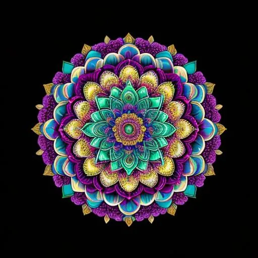 Prompt: Breathtakingly detailed Image of a mandala in the colors of magenta, turquoise and gold