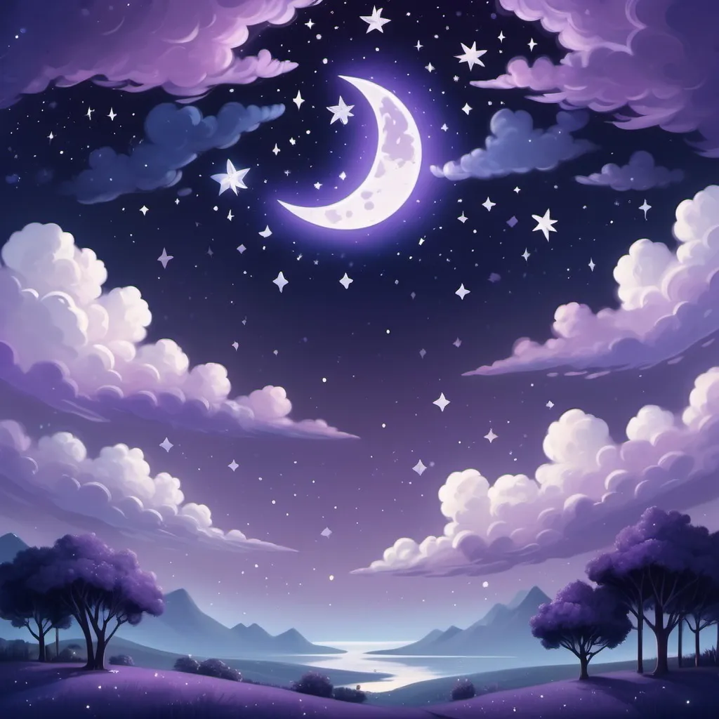 Prompt: A starry night scene with Blues and purples, white stars and one crescent white moon in the shot with lght purple clouds and on the bottom right side it should say Sleepykatara in pretty font, this image should be 33.07" x 17.32" at 300dpi