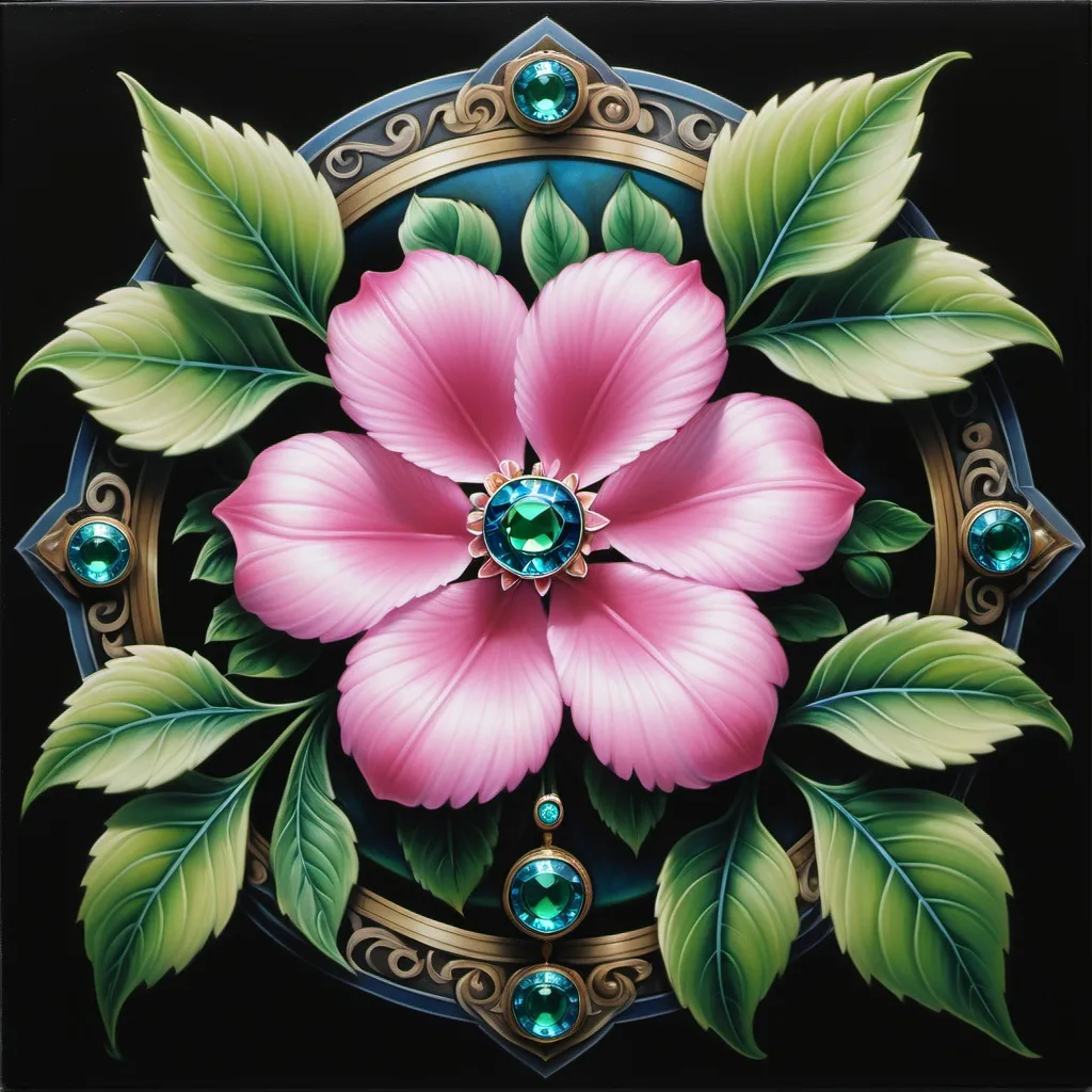 Prompt: a painting of a pink flower with green leaves on a black background with a blue jewel center surrounded by green leaves, Anne Stokes, cloisonnism, highly detailed oil painting, an airbrush painting