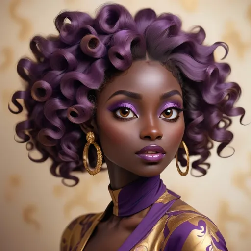 Prompt: Beautiful dark skinned lady wearing purple and gold, hair in soft curls