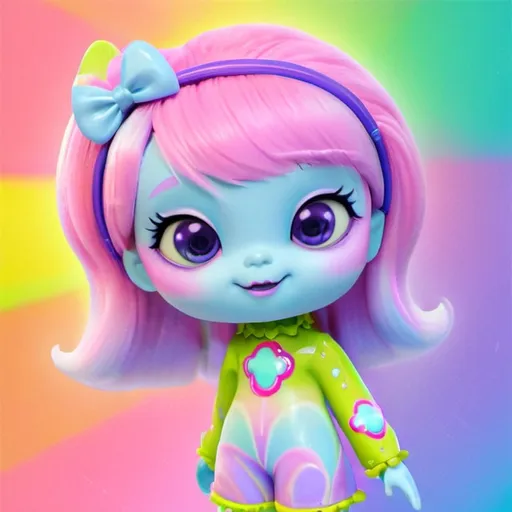 Prompt: Pastel alien doll in Lisa Frank style, vibrant and colorful, soft and cute features, glossy finish, high quality, detailed design, pastel colors, Lisa Frank style, cute and cheerful, glossy, soft features, vibrant colors