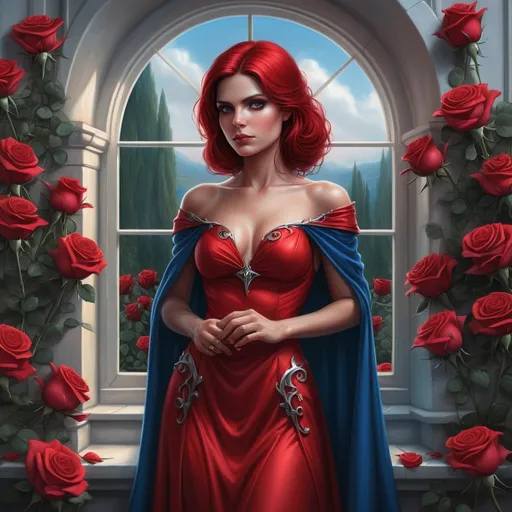 Prompt: a woman in a red dress standing in front of a window with roses around her and a blue cape, Anne Stokes, fantasy art, highly detailed digital painting, a character portrait