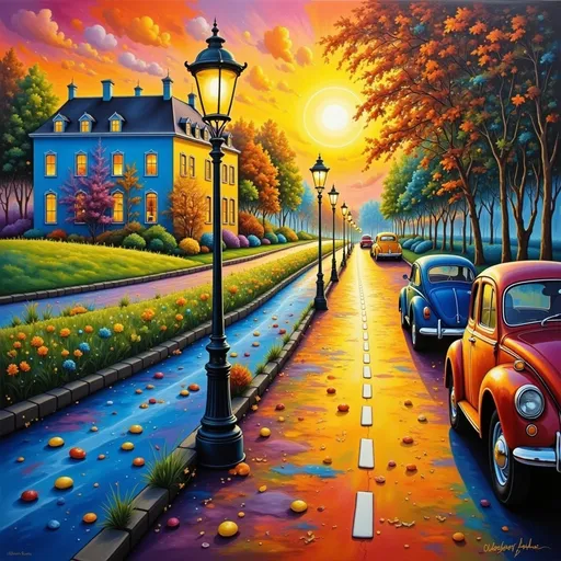 Prompt: a painting of a street with cars parked on the side of the road and a lamp post in the middle of the street, Evgeny Lushpin, fantastic realism, detailed painting, a fine art painting