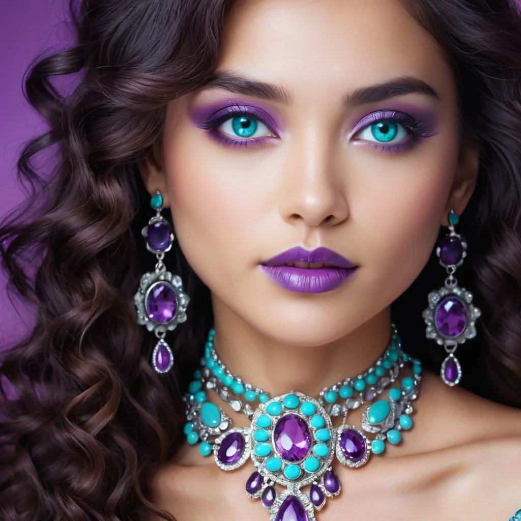 Prompt: <mymodel>An extremely gorgeous woman,  with turquoise jewels, in color scheme of purple, long curly hair