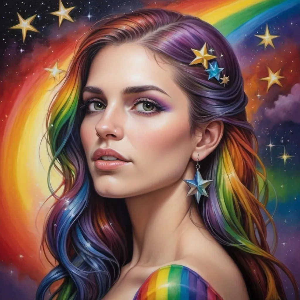 Prompt: <mymodel> a painting of a woman with a rainbow background with stars around her,, Anne Stokes, fantasy art, stars, a detailed painting