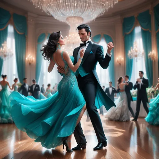 Prompt: Under the opulent glow of crystal chandeliers, a stunning couple dances gracefully on a polished wooden floor, their movements synchronized perfectly amid the elegance of a grand ballroom. The woman captivates with her flowing turquoise gown, embellished with intricate beadwork, while the man exudes charm in a classic black tuxedo, his slicked-back hair adding to the formal allure. Surrounding them, guests dressed in similar elegant attire watch, their expressions reflecting admiration and joy. The rich blue draperies and soft lighting create an atmosphere of romance and sophistication, while the sweeping curves of the woman's dress as she twirls convey a sense of motion, making the moment feel alive and enchanting. This scene captures a timeless celebration of beauty and dance, illustrating the magic of a high-society gathering.