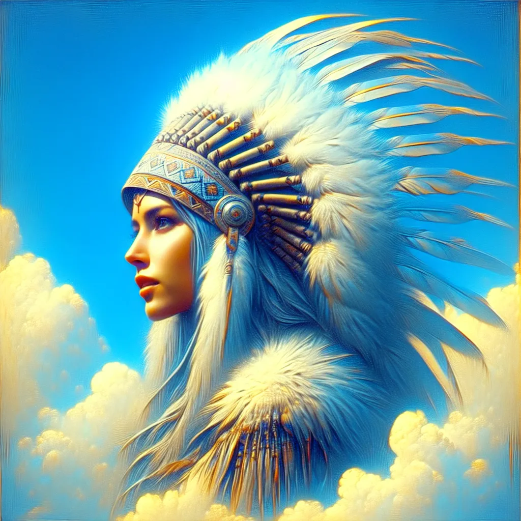 Prompt: a woman wearing a native american headdress with feathers on her head and a blue background with a sky background, Anne Stokes, fantasy art, highly detailed digital painting, an airbrush painting