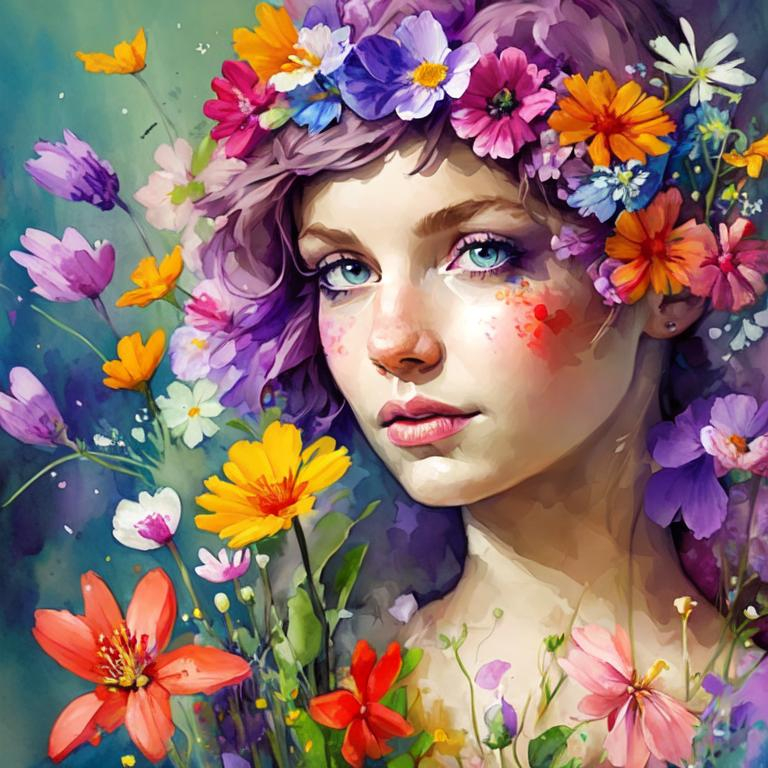 Prompt: a fairy of spring, ,wildflowers, vivid colors,  facial closeup