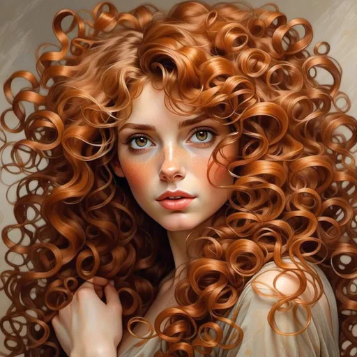 Prompt: <mymodel>Beautiful, feminine girl with big, bushy, curly, frizzy, huge, and massive ginger/auburn hair and freckles, high definition, realistic, detailed, portrait, natural lighting, warm tones, professional, detailed hair, no imperfections, elegant, intricate curls, vibrant, stunning, ginger/auburn beauty, feminine charm