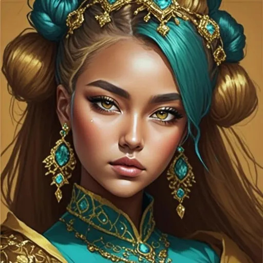 Prompt: <mymodel>Beautiful woman adorned in gold and turquoise, detailed facial features, oil painting, ornate jewelry, flowing garments, highres, vibrant colors, realistic, classic painting, warm lighting, elegant ambiance