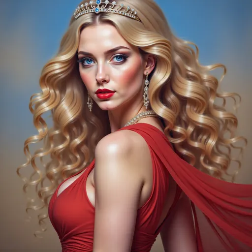 Prompt: a painting of the side view of a woman with long blonde hair wearing a tiara and a red dress with a diamond necklace, Edwin Georgi, figurative art, highly detailed digital painting, a photorealistic painting