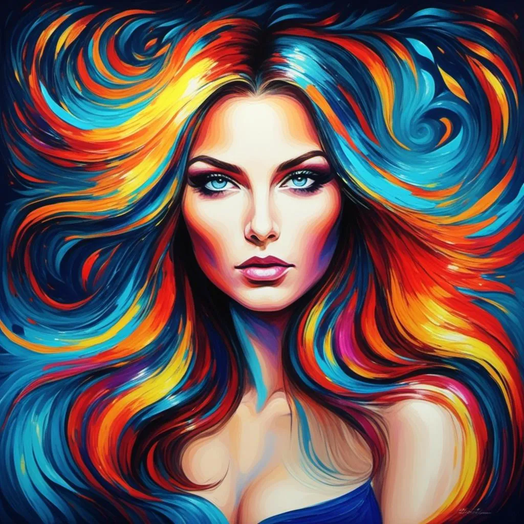 Prompt: a painting of a woman with long hair and blue eyes, with bright colors on her face and shoulders, artist, figurative art, highly detailed digital painting, a pop art painting<mymodel>