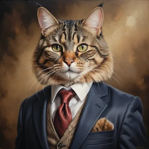 Prompt: Tabby cat in a tailored suit, realistic oil painting, confident stance, detailed whiskers and fur, high quality, professional, classic style, warm tones, dramatic lighting