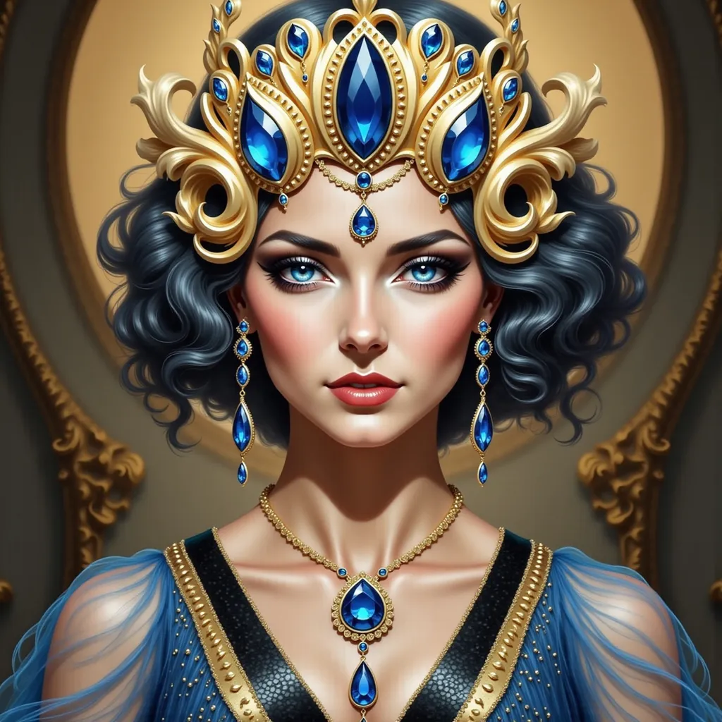 Prompt: An princess with black hair wearing an ornate headpiece with jewels, necklace and earrings with a candle lit background and a circular doorway, Bastien L. Deharme, fantasy art, dark fantasy art, a painting