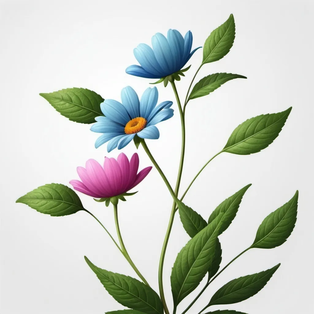 Prompt: a flower with leaves on a white background photo - realistic illustration photo - realistic illustration of flowers on a white background, artist, computer art, colorful flat surreal design, a minimalist painting