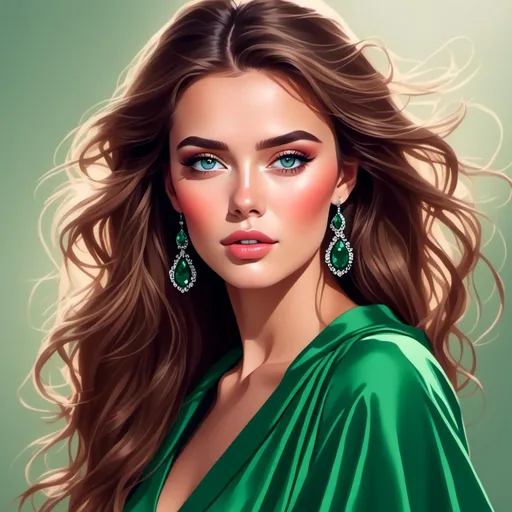 Prompt: <mymodel>Detailed illustration of a woman in vibrant green attire, large vivid green eyes, elegant makeup, digital painting, high resolution, realistic style, vibrant green, professional lighting