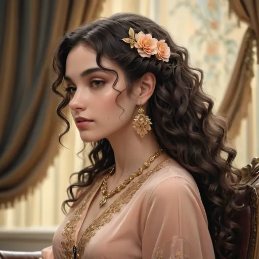 Prompt: With cascading, glossy dark curls framing her delicate face, the elegant woman exudes a timeless grace reminiscent of classical beauty. Adorned with striking gold jewelry featuring intricate floral motifs, including a prominent brooch pinned in her hair and matching earrings, she accentuates her refined aesthetic. Dressed in a soft, pastel peach blouse that drapes elegantly over her figure, she gazes thoughtfully off to the side, her vivid red lips contrasting beautifully with her porcelain skin. The softly lit interior enhances the atmosphere, with flowing drapes and a glimmering candle in the background, creating a warm, intimate setting that suggests both luxury and nostalgia. The overall composition, rich in detail and color, conveys a sense of poise, sophistication, and a hint of wistfulness.