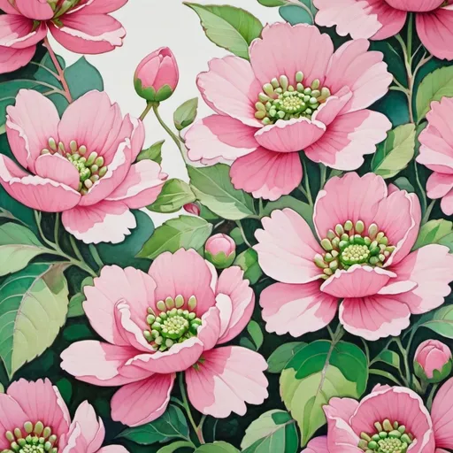 Prompt: a painting of pink flowers with green leaves on a white background with a pink center and green leaves on the bottom, Annabel Kidston, cloisonnism, in gouache detailed paintings, a watercolor painting