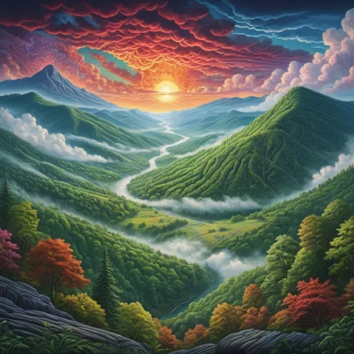 Prompt: (breathtaking landscape of Appalachia), (influenced by Alex Grey and Mr. Cartoon), vibrant colors, surreal details, Appalachian Mountains in the background, (historically accurate elements), vivid and dynamic composition, ethereal atmosphere, .