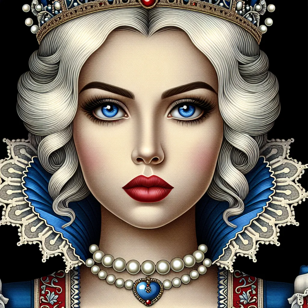 Prompt: a woman with  white hair,  large blue eyes, a tiara and pearls on her head and a red lip and a blue dress with a red and white collar, Anne Stokes, gothic art, highly detailed digital painting, a detailed painting