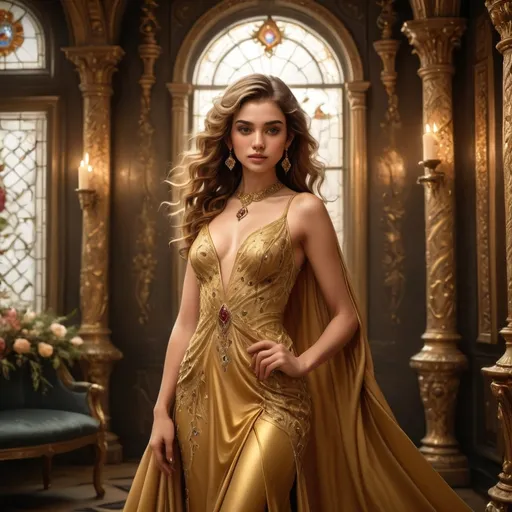 Prompt: Draped in an exquisite gold gown adorned with intricate embroidery and gemstones, the young woman captivates with a poised elegance against a rich, dark backdrop. Soft candlelight flickers nearby, illuminating her glowing complexion and thoughtfully styled hair cascading in gentle curls. Her expression is serene yet confident, complemented by delicate earrings and a matching choker that enhance the regal feel of the ensemble. The luxurious fabric of the dress and the opulent setting, featuring ornate detailing and deep-hued curtains, evoke a sense of timeless beauty and sophistication, suggesting a story steeped in grace and allure.