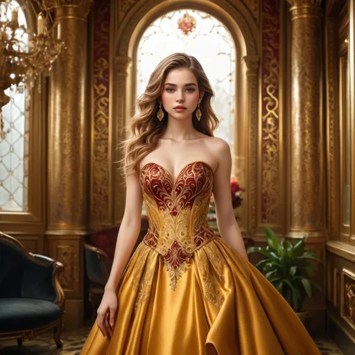 Prompt: In a lavish, opulent room adorned with intricate golden designs and large windows, a young woman stands confidently, capturing the essence of elegance. Dressed in a stunning strapless gown rich with golden embroidery and deep red accents, she exudes grace, accentuated by a sparkling jewel at her neckline and delicate earrings. Her long, flowing hair cascades down her shoulders, and small red roses adorn her hair and dress, adding a romantic touch. In the foreground, vibrant yellow roses bloom, contrasting beautifully against the elegant backdrop and lending the scene a warm, inviting glow, amplified by the soft diffused light streaming in through the windows. Overall, the image conveys a sense of regal beauty and timeless charm, as if she is a character from a romantic fairytale.
