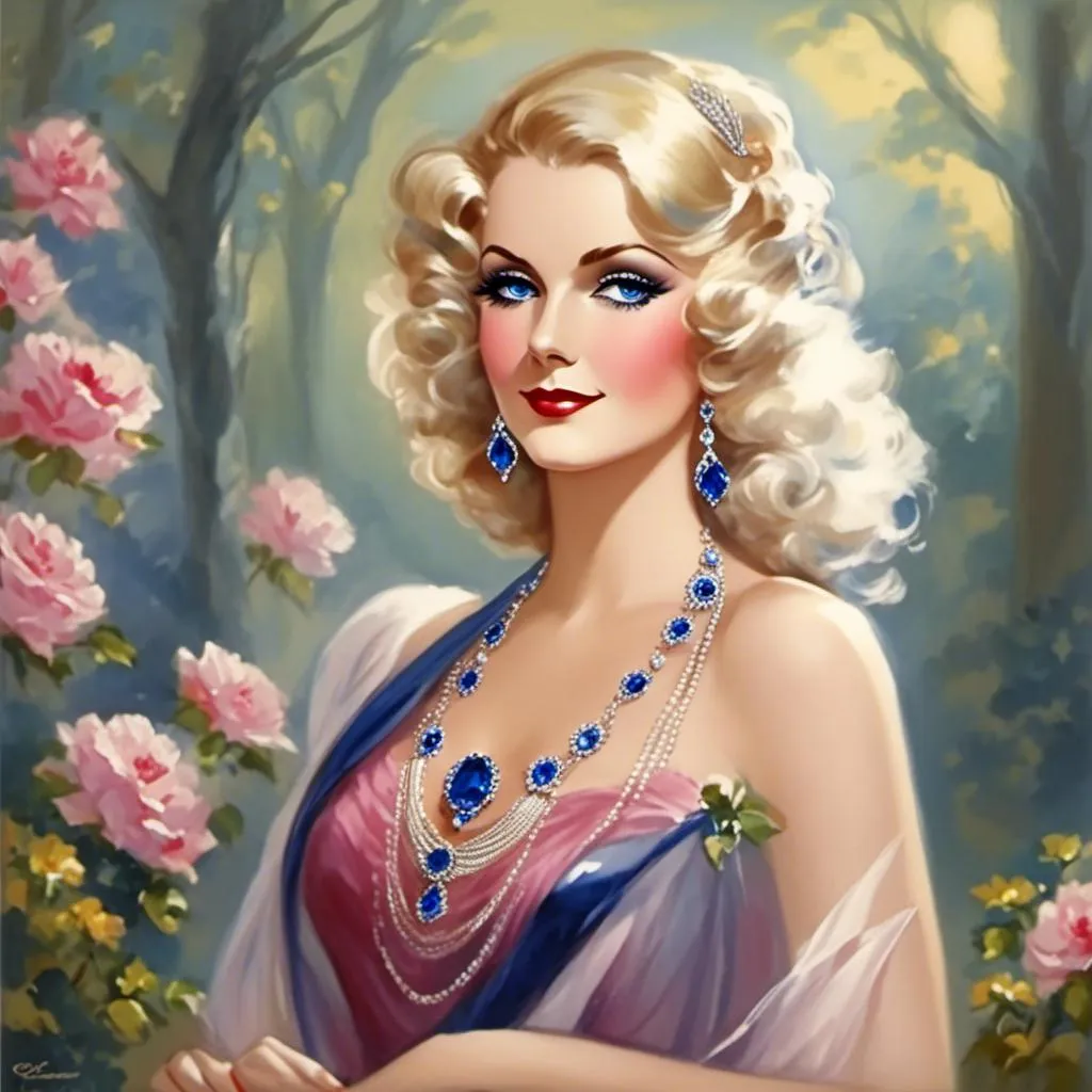 Prompt: <mymodel>Glamorously dressed lady of rhe 1930's wearing sapphire jewelry,blue eyes