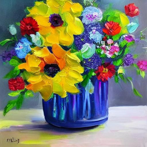 Prompt: flowers, paint, oil, art, colourful
