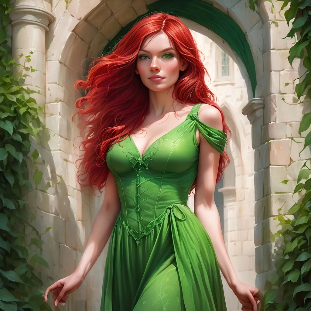 Prompt: a painting of a woman with red hair and a green dress in front of a castle doorway  Charlie Bowater, fantasy art, fantasy character portrait, a detailed painting