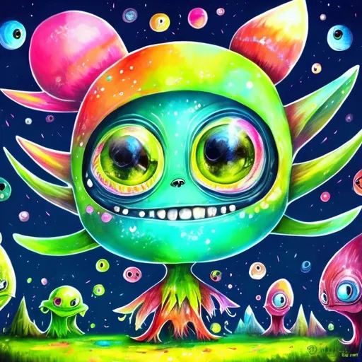 Prompt: Whimsical, cute alien, cartoon style, vibrant colors, large expressive eyes, playful demeanor, alien landscape, otherworldly plants, best quality, high resolution, vibrant, cartoon, cute, whimsical, otherworldly, playful, expressive eyes, alien landscape, vibrant colors, professional