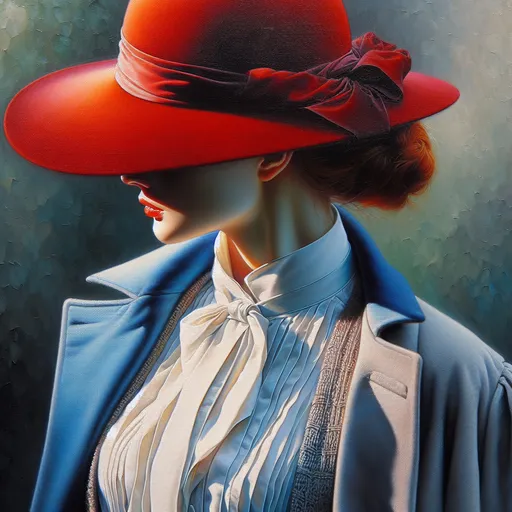 Prompt: a painting of a woman with a red hat on her head and a blue jacket on her shoulders and a white shirt on, Artgerm, figurative art, photorealistic portrait, a photorealistic painting