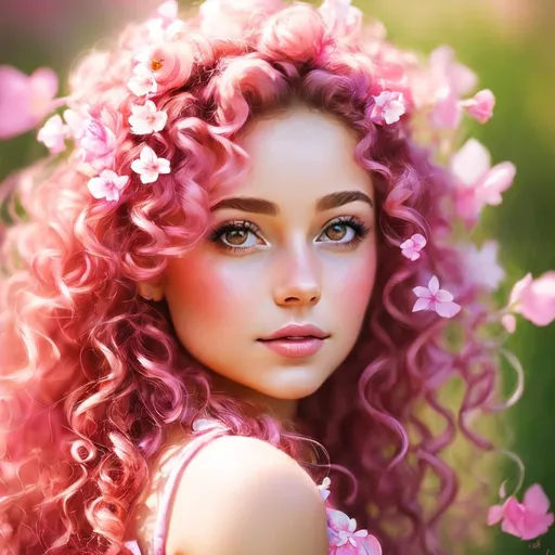 Prompt: a young fairy of spring,  lots of very curly hair, pink glow on cheeks, wildflowers, vivid colors, closeup