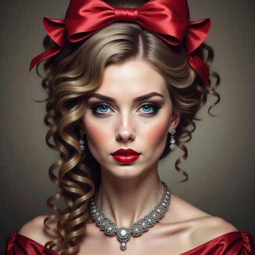 Prompt: a painting of a woman with a red bow on her head and a necklace on her neck, with a diamond brooch in her hair, Art of Brom, figurative art, highly detailed digital painting, a photorealistic painting