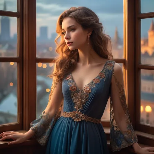 Prompt: Bathed in the soft glow of twilight, a woman stands gracefully by an ornate window, her expression serene and contemplative as she gazes out over a picturesque cityscape. Adorned in a stunning gown that features flowing sleeves and an intricate floral pattern, the fabric mirrors the warm hues of the sunset, blending beautifully with the ambiance. The background reveals a charming urban scene with historic architecture, lamplights twinkling, and a prominent clock tower silhouetted against the sky. The delicate balance of light and shadow enhances the scene's romantic allure, evoking a mood of elegance and tranquility, reminiscent of classic cinematic moments.
