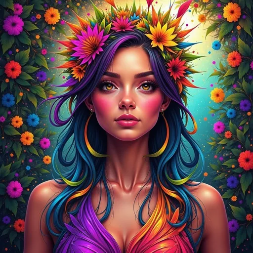 Prompt: Woman with serene expression, captivating gaze, lush vibrant garden background, colorful flowers blooming, sunlight filtering through leaves, dreamy atmosphere, ethereal lighting, emphasizing tranquility and peace, ultradetailed, high-definition quality, offering a glimpse of connection to nature and self.