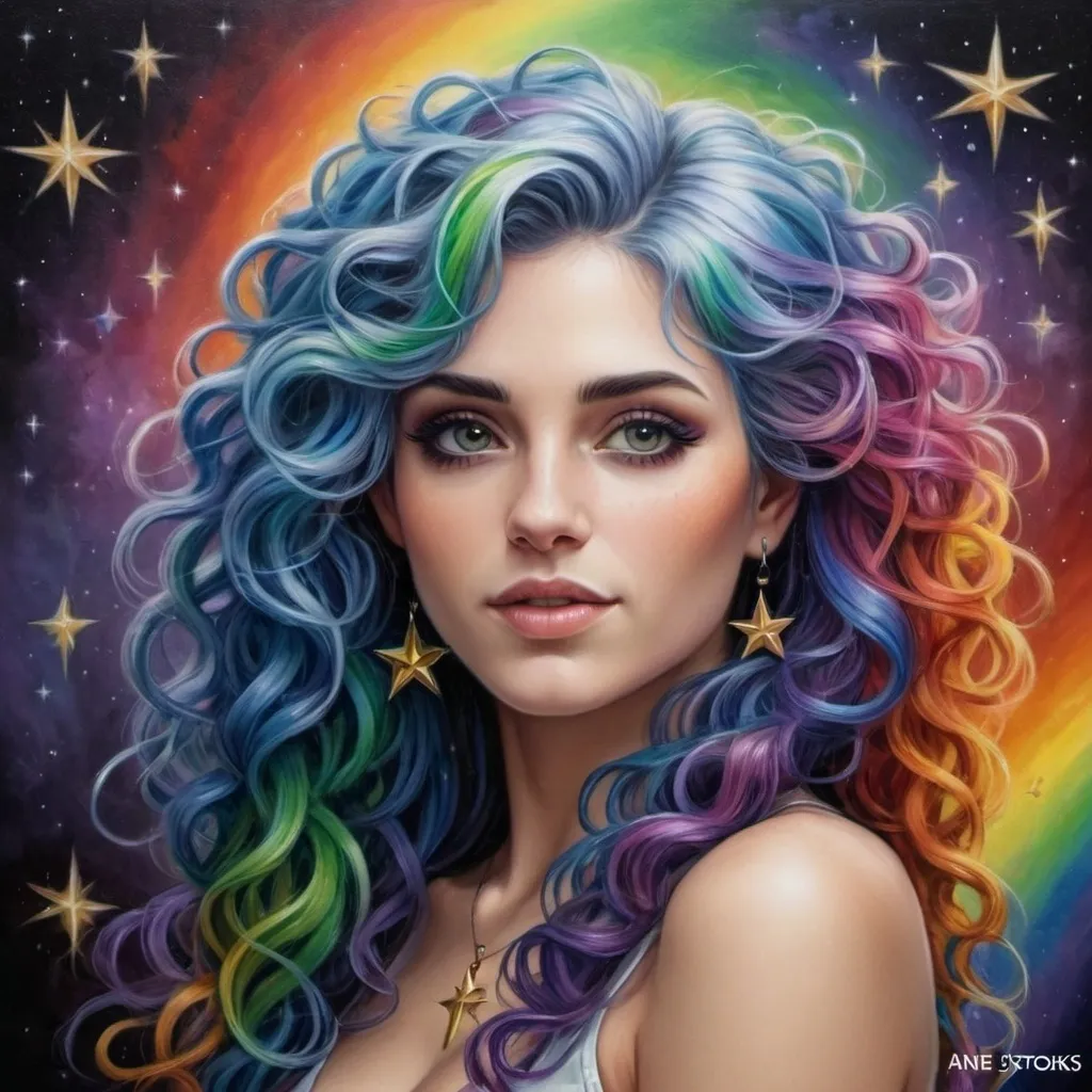 Prompt: <mymodel> a painting of a woman with very curly, rainbow hair, stars around her,, Anne Stokes, fantasy art, stars, a detailed painting