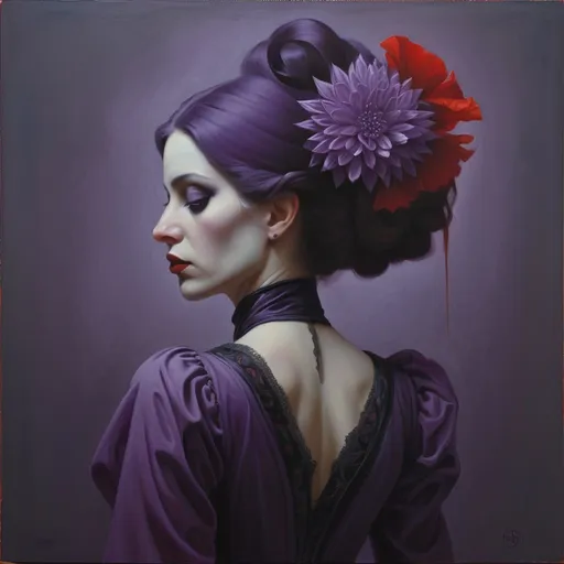 Prompt: a woman in a purple dress with a red flower in her hair, Art of Brom, gothic art, highly detailed oil painting, an ultrafine detailed painting