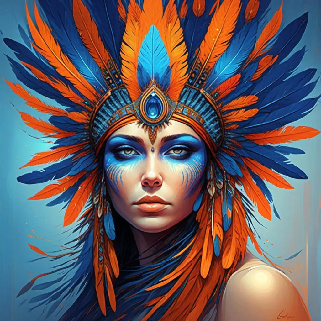 Prompt: <mymodel> a woman with a blue and orange headdress and feathers on her head, with a blue background, Android Jones, fantasy art, highly detailed digital painting, a digital painting