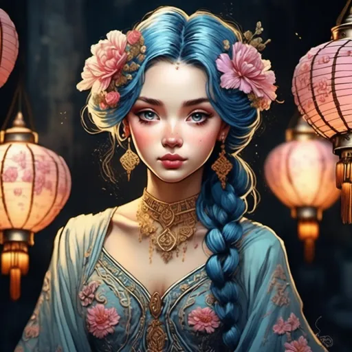 Prompt: Bathed in the soft, golden glow of intricately designed lanterns, a young woman stands with an enchanting presence, her striking blue hair cascading in loose curls adorned with delicate pink flowers. Dressed in a beautifully embroidered garment featuring floral patterns and a deep neckline, she exudes a sense of grace and elegance. Her large, expressive eyes capture the light, lending an ethereal quality to her serene expression. The rich, vibrant colors of the setting contrast against the dim, atmospheric background, suggesting a setting that is richly cultural and festive, evoking a mood of mystery and allure. Overall, the scene feels like a moment frozen in time, blending elements of fantasy and tradition seamlessly.