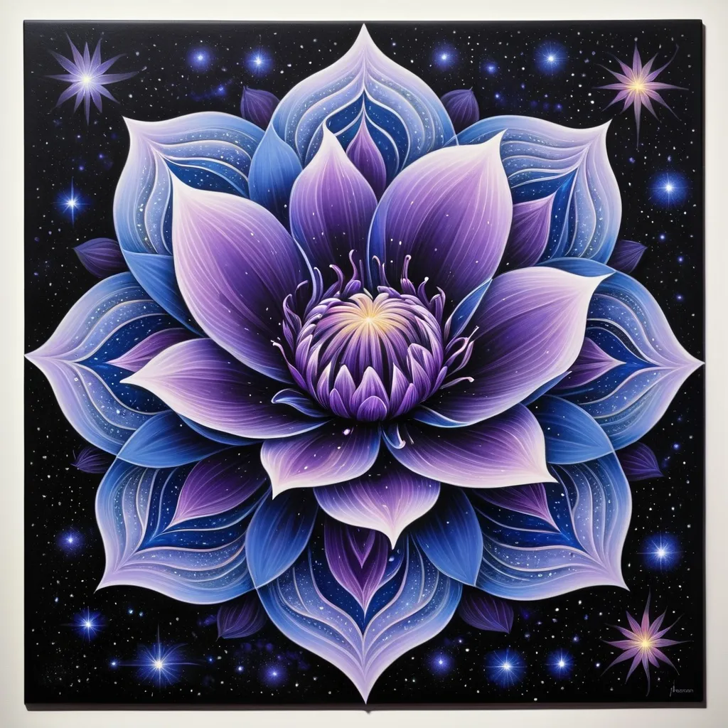 Prompt: a painting of a flower with a blue center and purple petals on it, surrounded by stars and a black background, Amanda Sage, psychedelic art, sacred geometry, a detailed painting