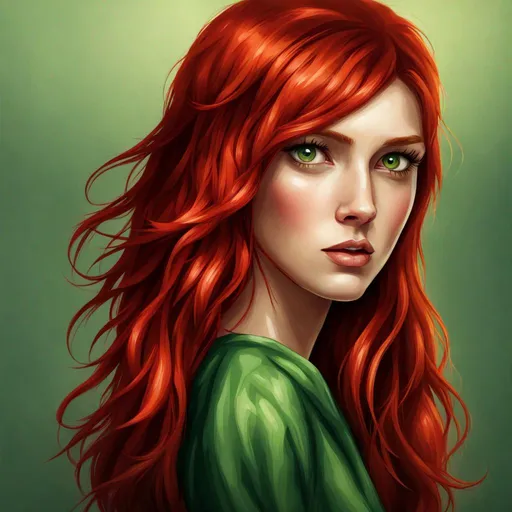 Prompt: A pretty girl with red hair wearing green
