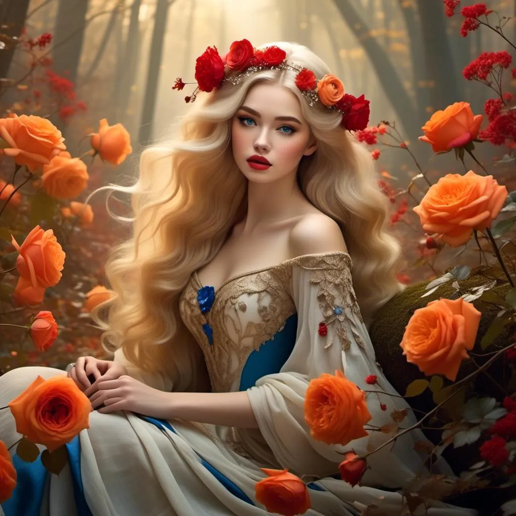 Prompt: <mymodel>Fairy tale, beautiful girl with white skin, (perfect face), light golden hair, blue pupils, red lips, forest style, mysterious, vintage fashion-dresses, with a transparent crystal crown on her head, the woman's body is so white Glows, (high detail) sitting on an oversized red rose, hyperdetail, ultra high definition.<mymodel>