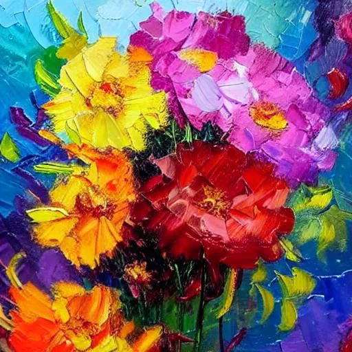 Prompt: Colorful oil painting of vibrant flowers, thick brushstrokes, high quality, impressionism, vivid colors, textured petals, art studio lighting, rich and warm tones, detailed blooms, professional, vibrant palette, artistic medium, floral arrangement, oil painting, textured brushstrokes, vibrant colors, impressionism, art studio lighting