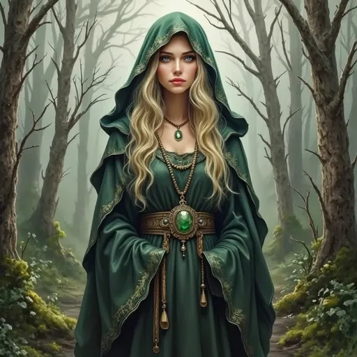 Prompt: This is a highly detailed, realistic digital painting of a young woman standing in a misty forest. The woman is centered in the image, facing the viewer directly with a serious, almost melancholic expression. She has long, wavy blonde hair that cascades past her shoulders, and her skin is fair with a subtle blush on her cheeks. Her eyes are a striking blue, framed by delicate, arched eyebrows. She wears a dark green hooded cloak that drapes over her shoulders, with intricate gold embroidery along the edges. The hood is slightly tilted, partially covering her forehead. Around her neck, she wears an ornate gold necklace with a large, oval-shaped green gemstone at the center, which is detailed with gold accents and a small dangling pendant.

The background is a misty forest with tall, slender trees that are mostly bare, their branches reaching upwards. The ground is covered in a mix of grass and moss, and the forest floor is slightly uneven. The colors in the background are muted greens and grays, giving the scene a mysterious and ethereal atmosphere. The overall style of the painting is realistic with a touch of fantasy, emphasizing the magical and otherworldly nature of the subject and setting.