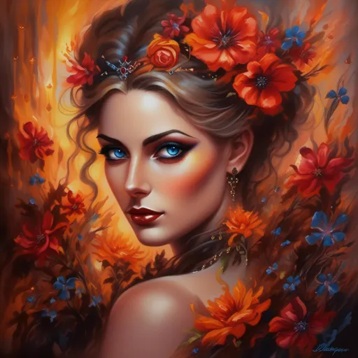 Prompt: <mymodel>Nataasha-Beautiful woman with flowers, oil painting, detailed fiery eyes, ethereal glow, dark and mysterious, high quality, vibrant colors, surreal, haunting, intricate floral details, intense gaze, mystical atmosphere, oil painting, demon, hybrid, fiery eyes, ethereal, vibrant colors, surreal, haunting, floral details, intense gaze, mystical atmosphere