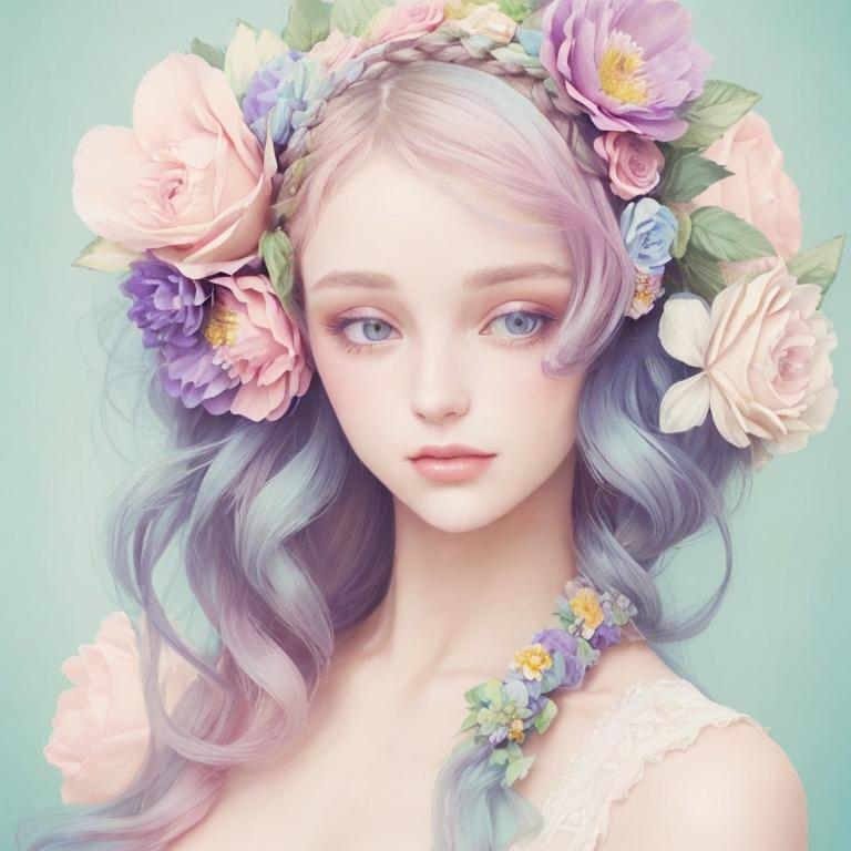 Prompt: Beautiful creation, woman with flowers in her hair, pastel colors